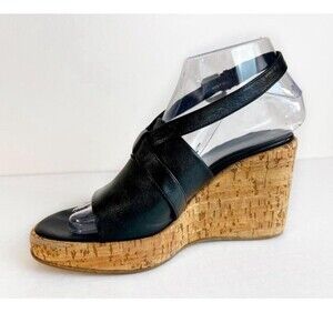 Via Spiga Wedges Sandals Black Leather Cork Vintage Sling Back Open Toe Womens 6